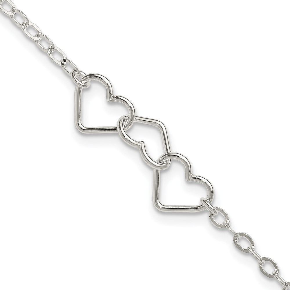 Sterling Silver 9inch Solid Polished Fancy Heart Link Anklet, 9 x 9 mm