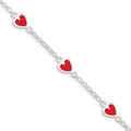 Sterling Silver Polished & Red Enamel Heart w/ 1in ext Children's Bracelet, 6 x 8.5 mm