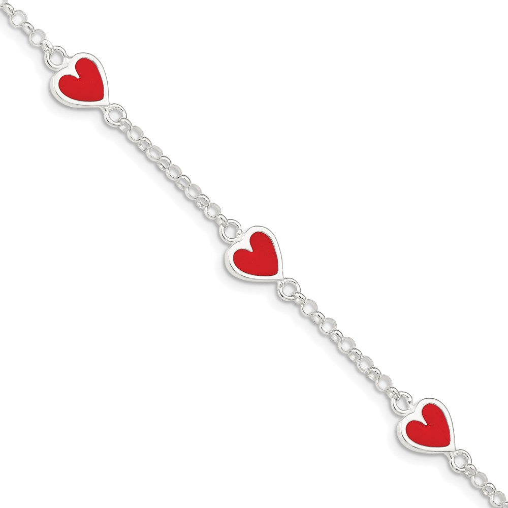 Sterling Silver Polished & Red Enamel Heart w/ 1in ext Children's Bracelet, 6 x 8.5 mm