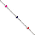 Sterling Silver Polished & Multi-color Enameled Hearts with 1 Inch Extension Children's Bracelet, 6 x 6 mm