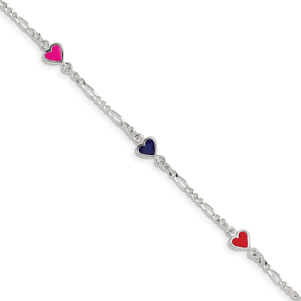 Sterling Silver Polished & Multi-color Enameled Hearts with 1 Inch Extension Children's Bracelet, 6 x 6 mm