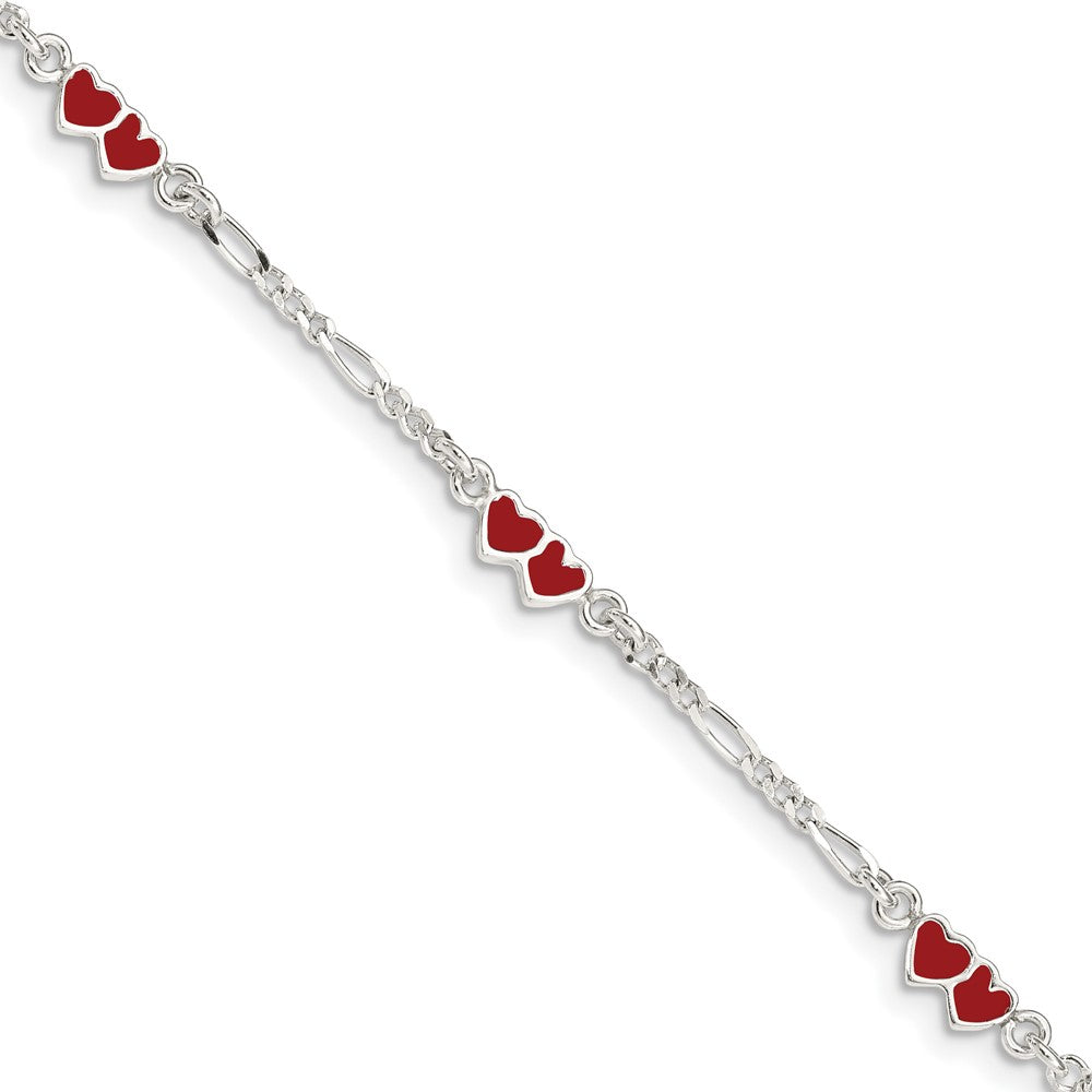 Sterling Silver Polished & Red Enameled Double Heart with 1 Inch Extension Children's Bracelet, 6 x 4 mm