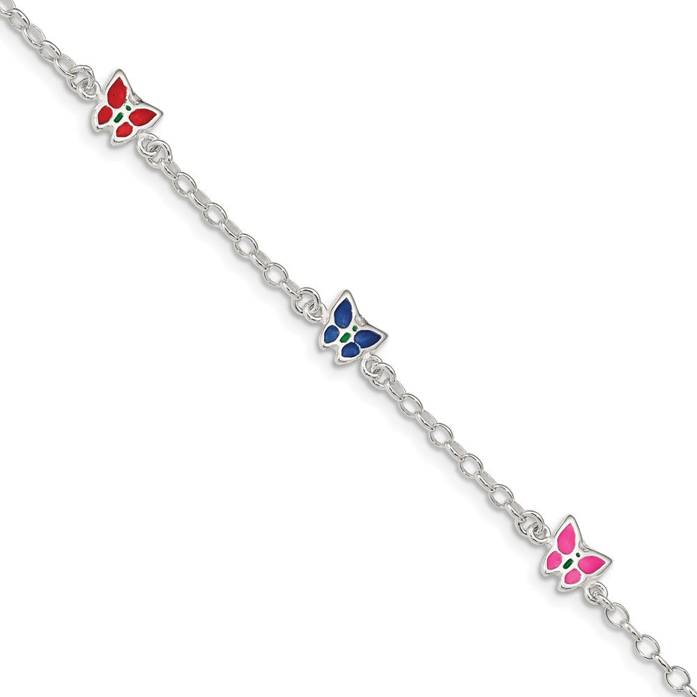 Sterling Silver Multi-color Enamel Butterfly w/ 1in ext. Children's Bracele, 6 x 7 mm