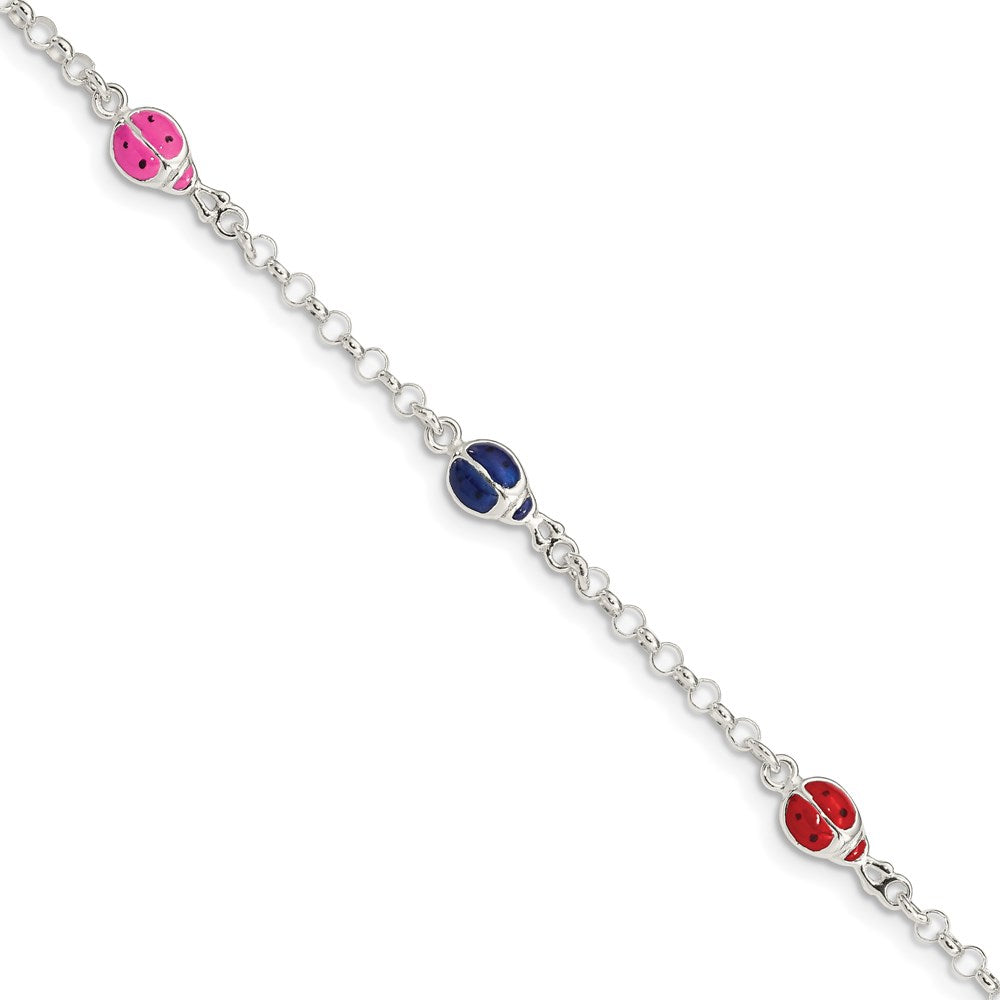 Sterling Silver Multi-color Enamel Ladybugs w/ 1in ext. Children's Bracelet, 6 x 6 mm