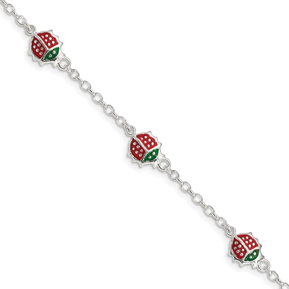 Sterling Silver Multi-color Enamel Ladybugs w/ 1in ext. Children's Bracelet, 6 x 8.65 mm