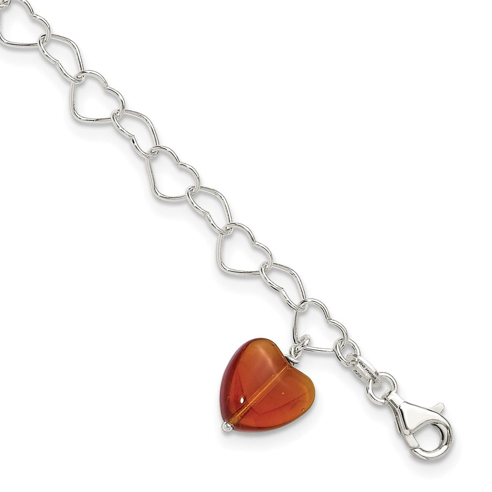 Sterling Silver Link Red Synthetic Crystal Stone Heart Anklet, 10 x 10 mm