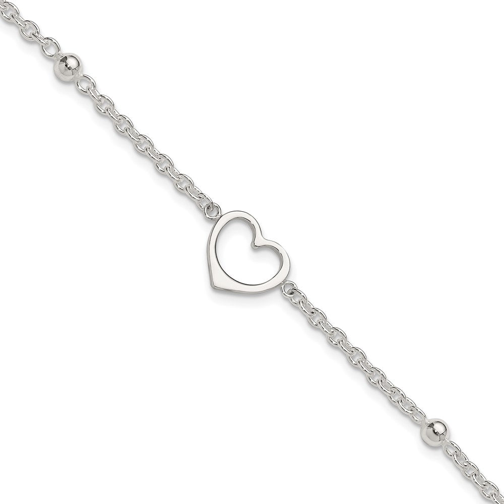 Sterling Silver Open Heart and Bead 9 inch Plus 1 inch Extender - Total 10 inch Anklet, 10 x 1 mm