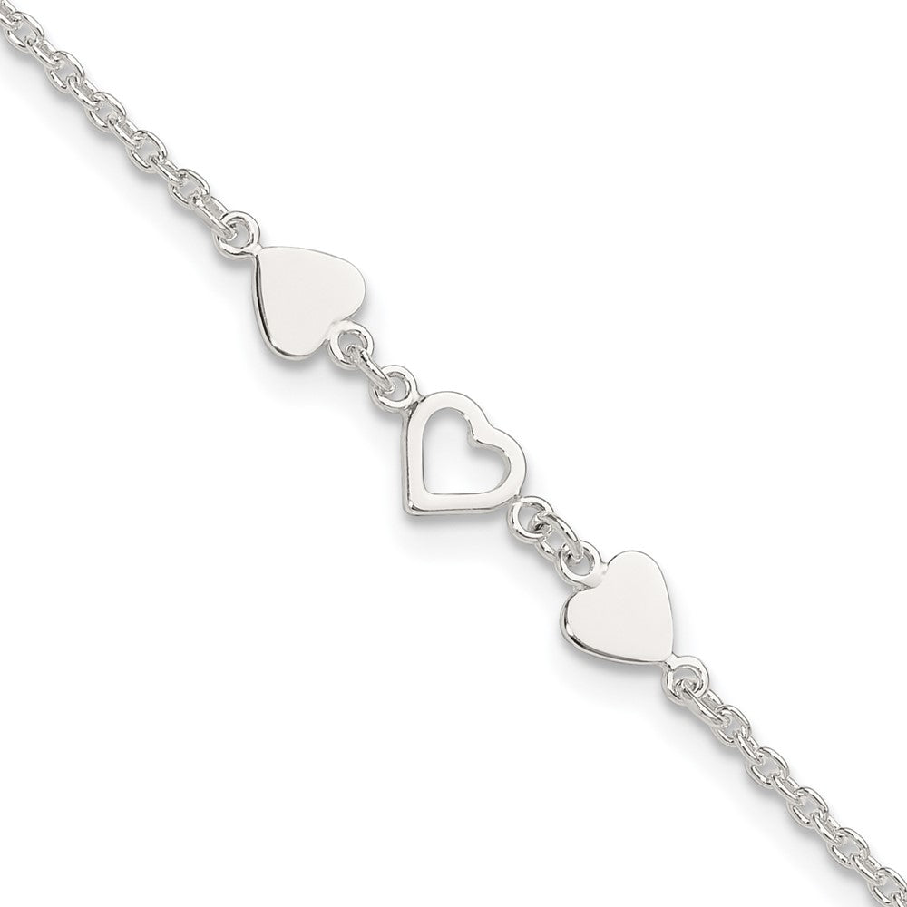 Sterling Silver Three Hearts 8 inch Plus 1 inch Extender - Total 9 inch Anklet, 9 x 6 mm