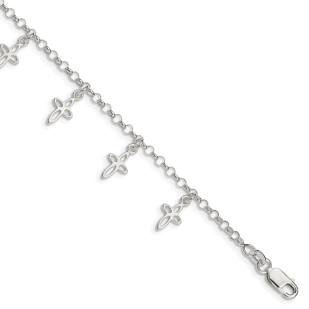 Sterling Silver Polished Cross Charms with 1in Ext. Children's Bracelet, 6 x 11 mm