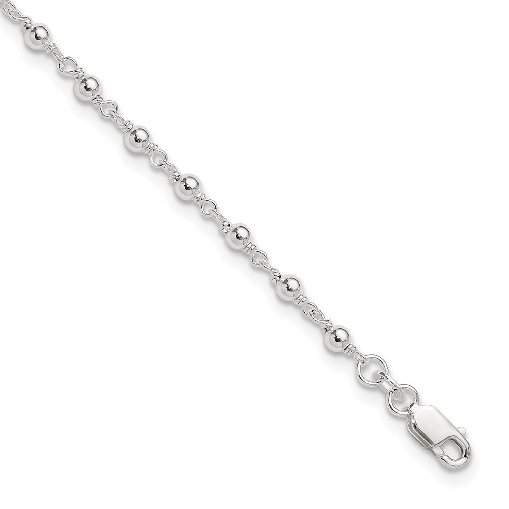 Sterling Silver Beaded 9 inch Plus 1 inch Extender - Total 10 inch Anklet, 10 x 3 mm