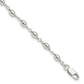Sterling Silver Fancy Bead Anklet, 10 x 4 mm