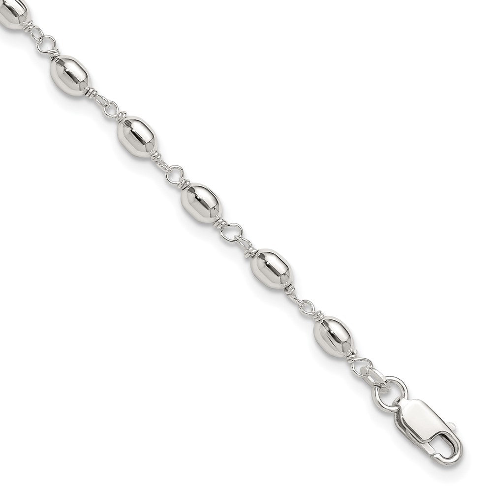 Sterling Silver Fancy Bead Anklet, 10 x 4 mm