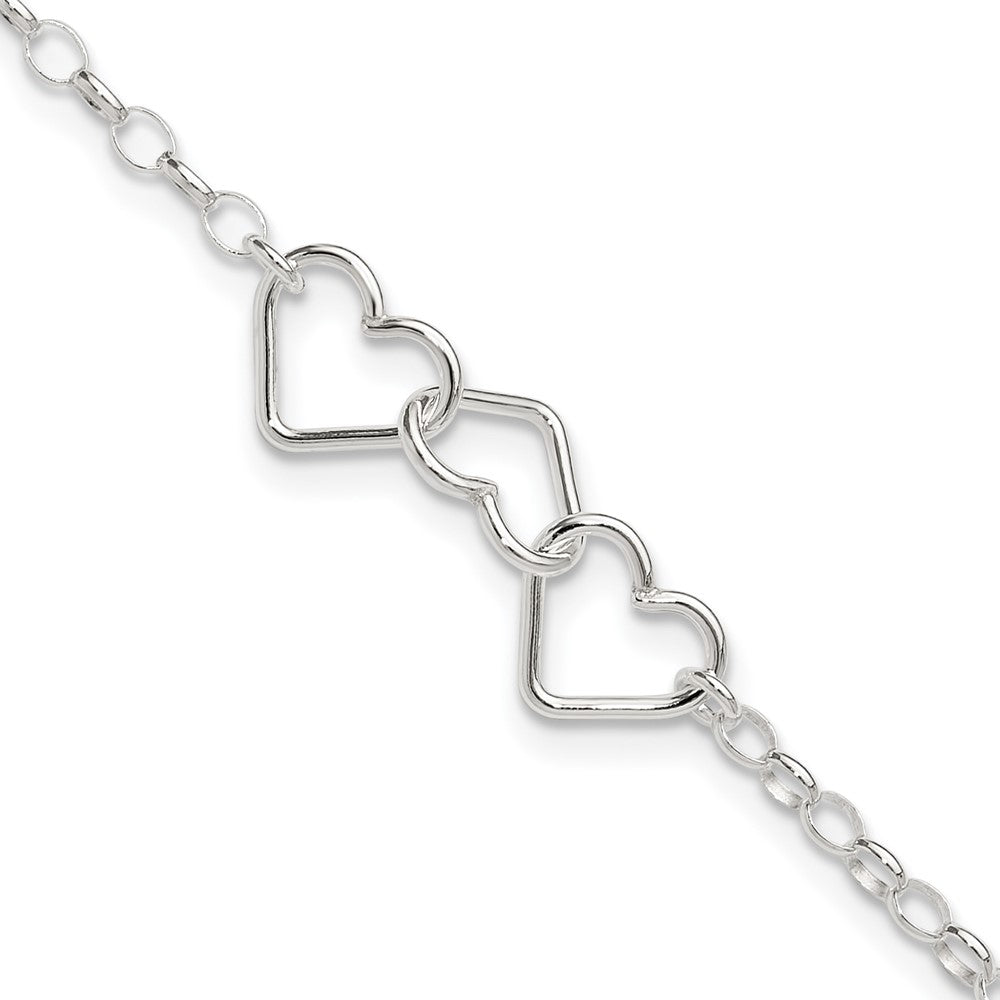 Sterling Silver Interlocking Hearts 8 inch Plus 1 inch Extender - Total 9 inch Anklet, 9 x 5 mm