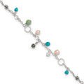 Sterling Silver Turquoise/Clear Bead/FW Cultured Pearl Anklet, 9 x 1 mm