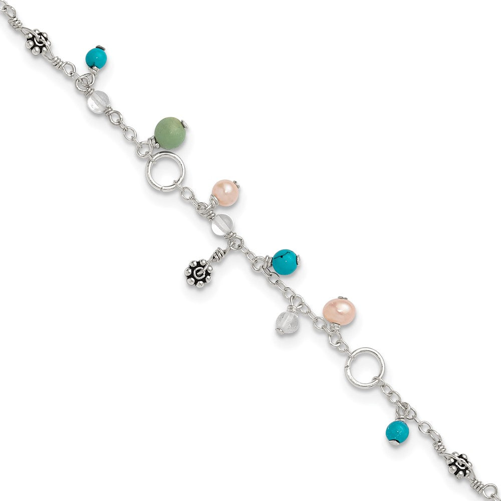 Sterling Silver Turquoise/Clear Bead/FW Cultured Pearl Anklet, 9 x 1 mm