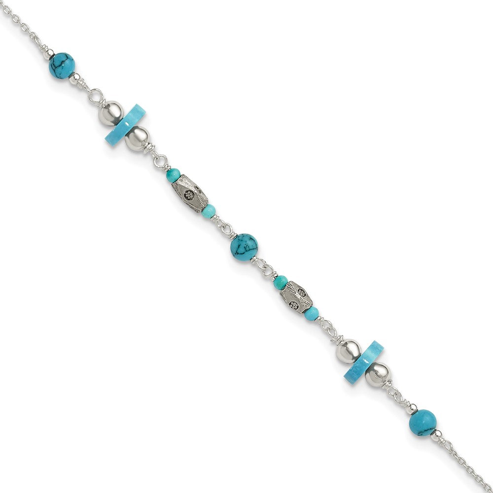 Sterling Silver Antiqued Turquoise Beaded Anklet, 9 x 7 mm