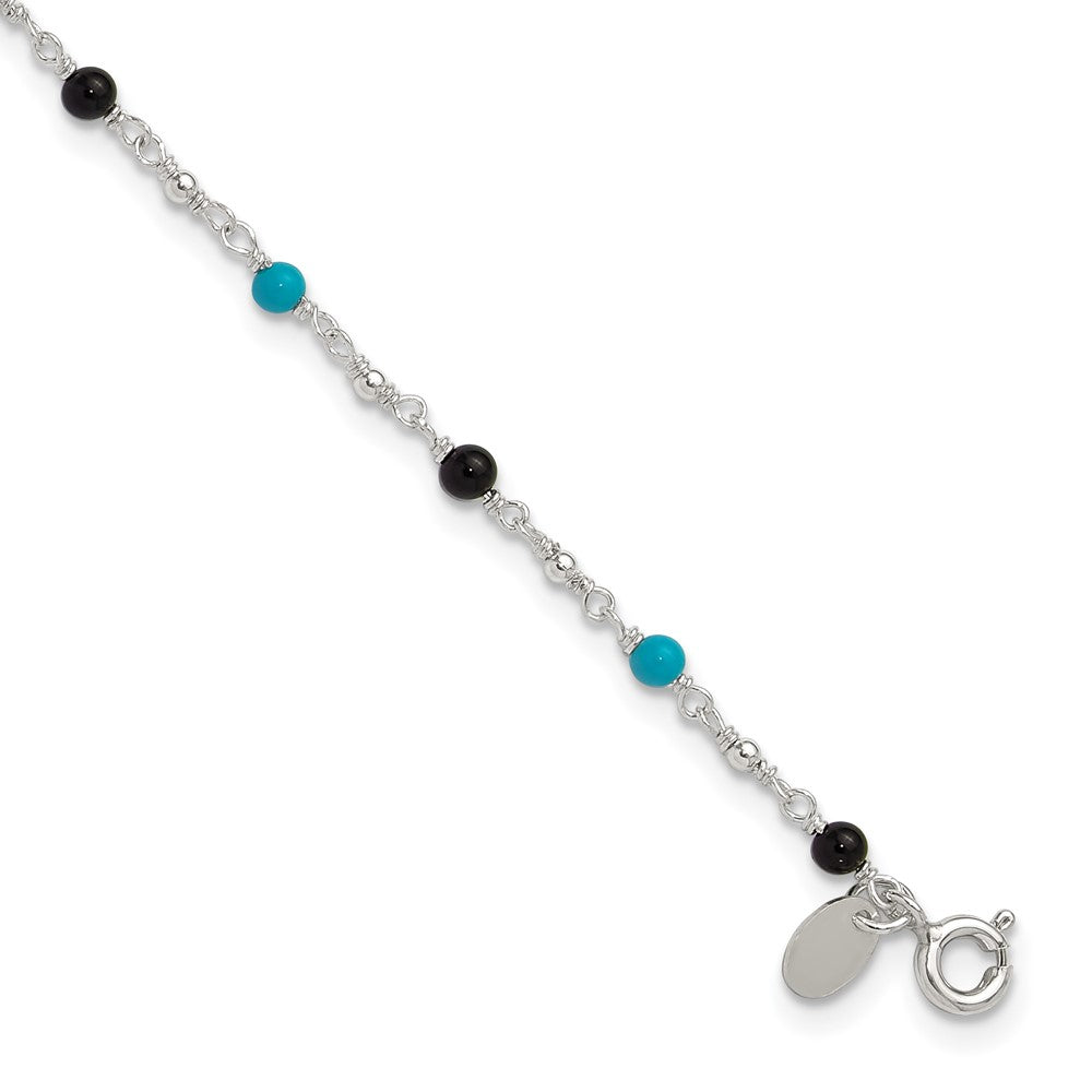 Sterling Silver Onyx/Turquoise Beads Anklet, 10 x 3 mm