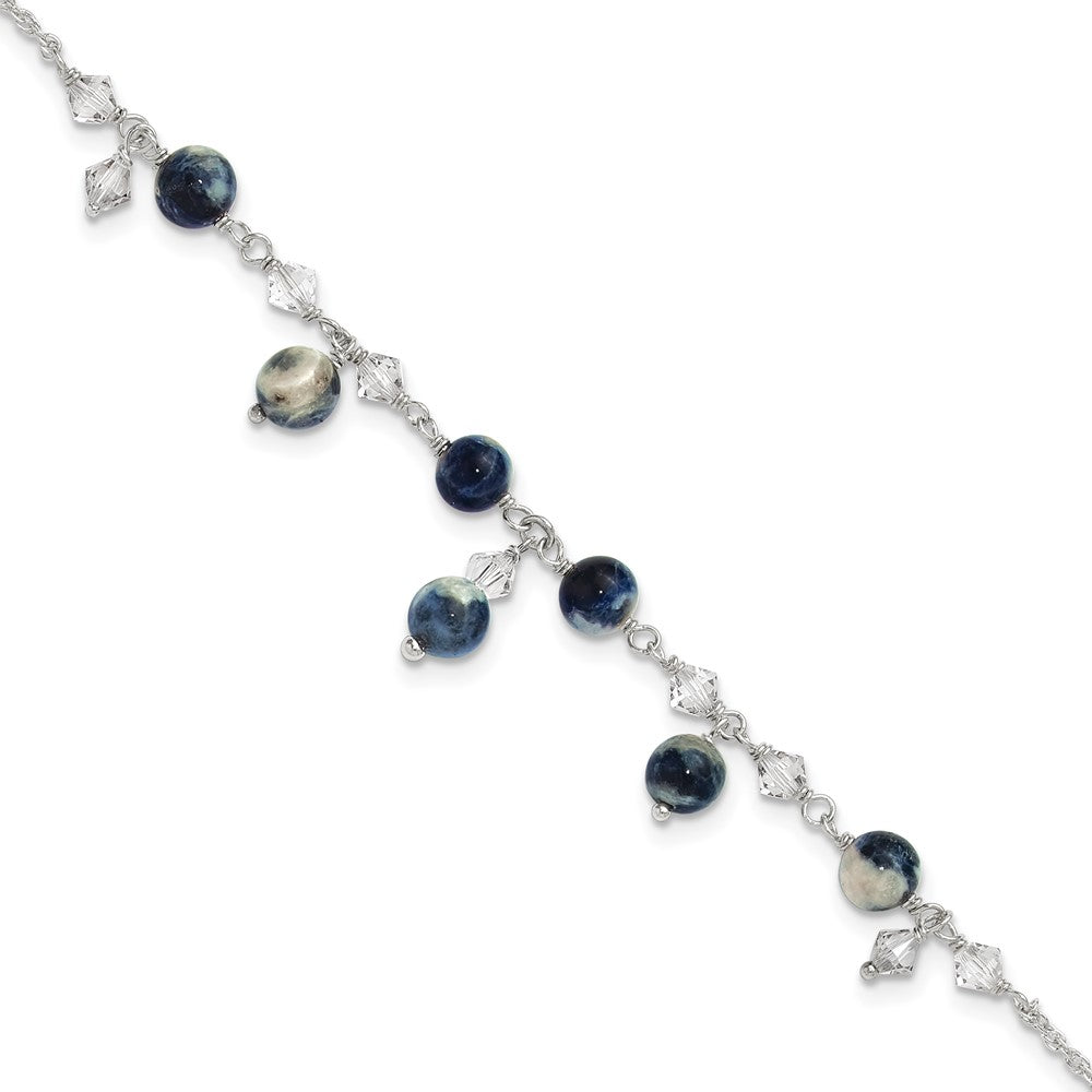 Sterling Silver 9 inch Shadow Crystal & Lapis Anklet, 9 x 6 mm