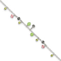 Sterling Silver 9in Pink Crystal Green Quartz Peridot Beads Anklet, 9 x 1 mm