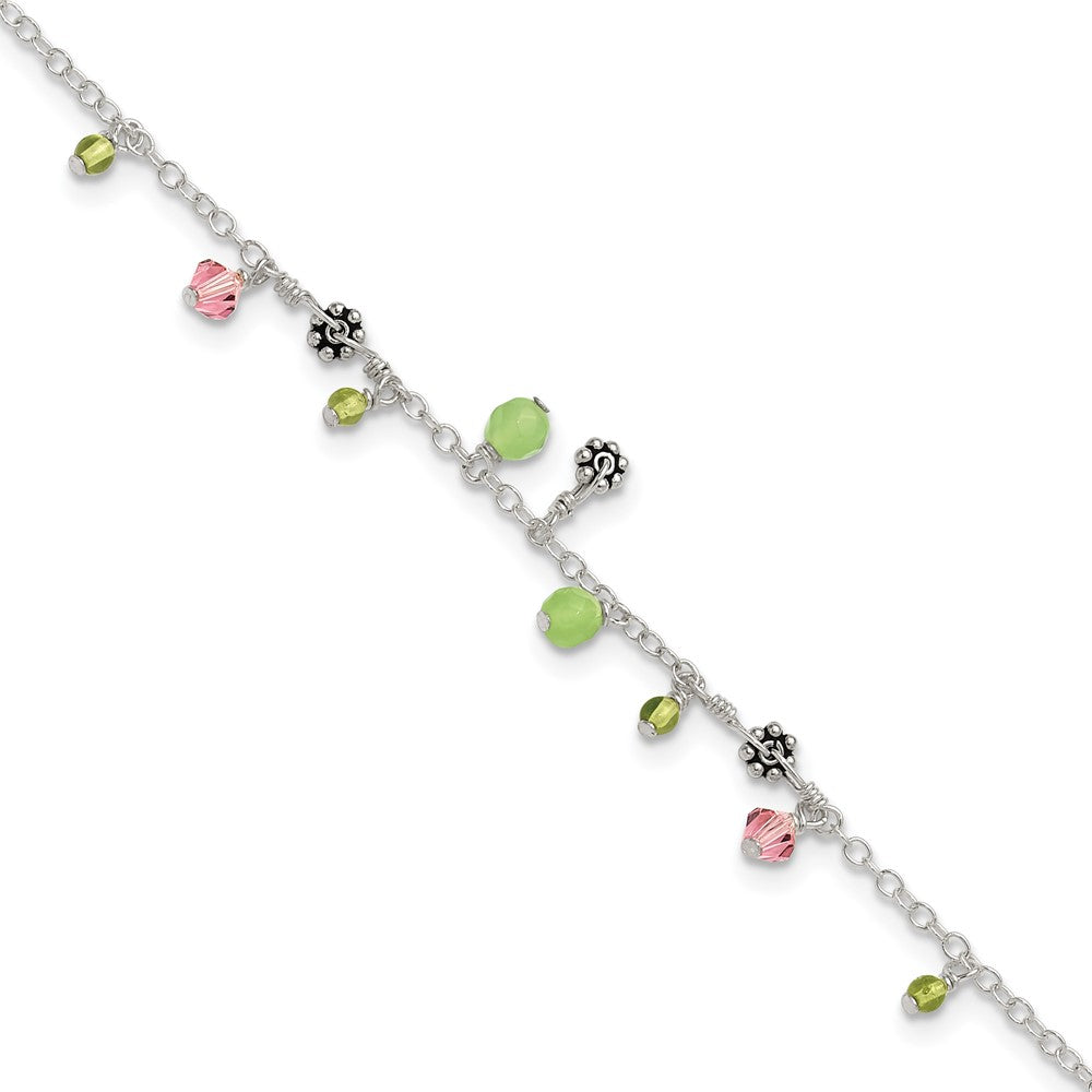 Sterling Silver 9in Pink Crystal Green Quartz Peridot Beads Anklet, 9 x 1 mm