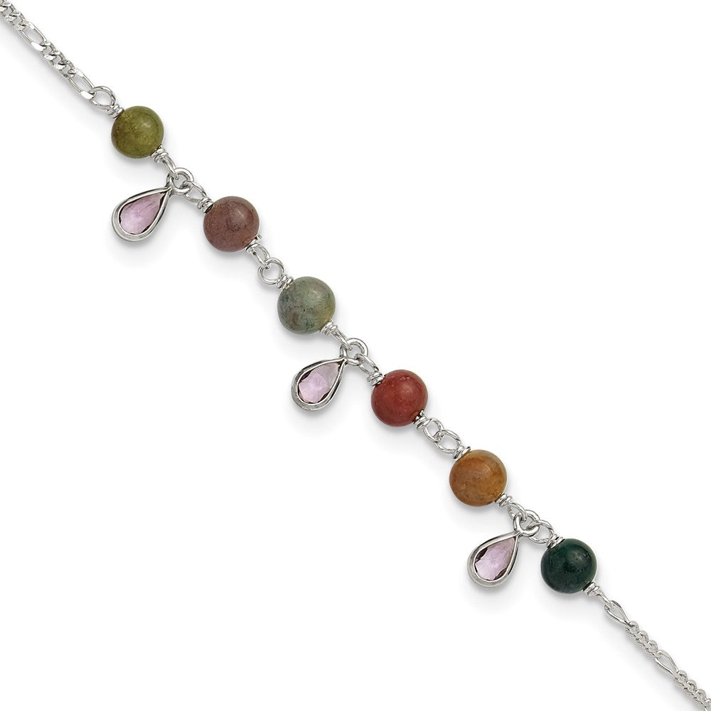 Sterling Silver Fancy Jasper Anklet Bracelet, 9 x 5 mm