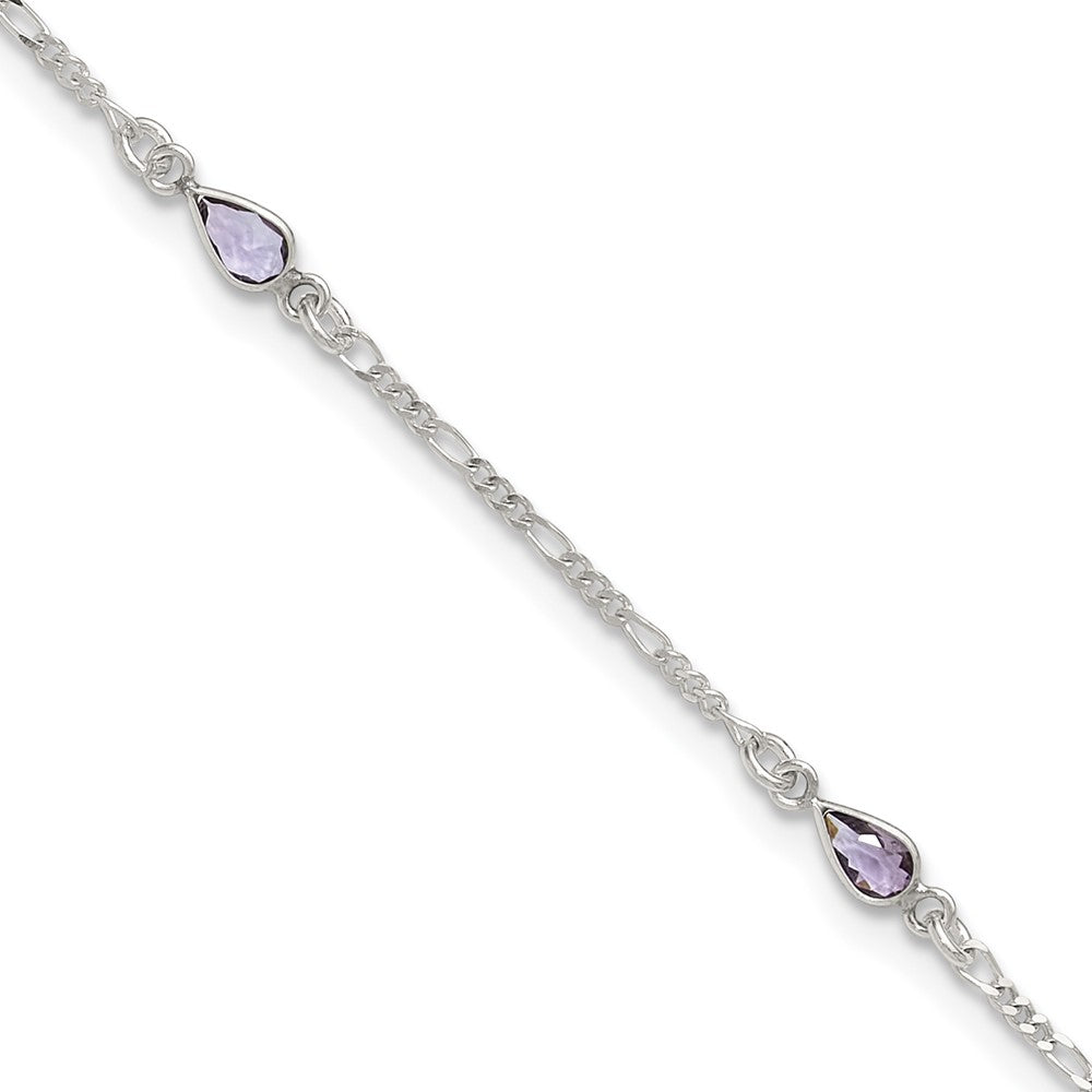 Sterling Silver Purple Glass Anklet, 9 x 4 mm