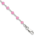 Sterling Silver Pink Glass Bead with Heart Dangle 8 inch Plus 1 inch Extender - Total 9 inch Anklet, 9 x 6 mm