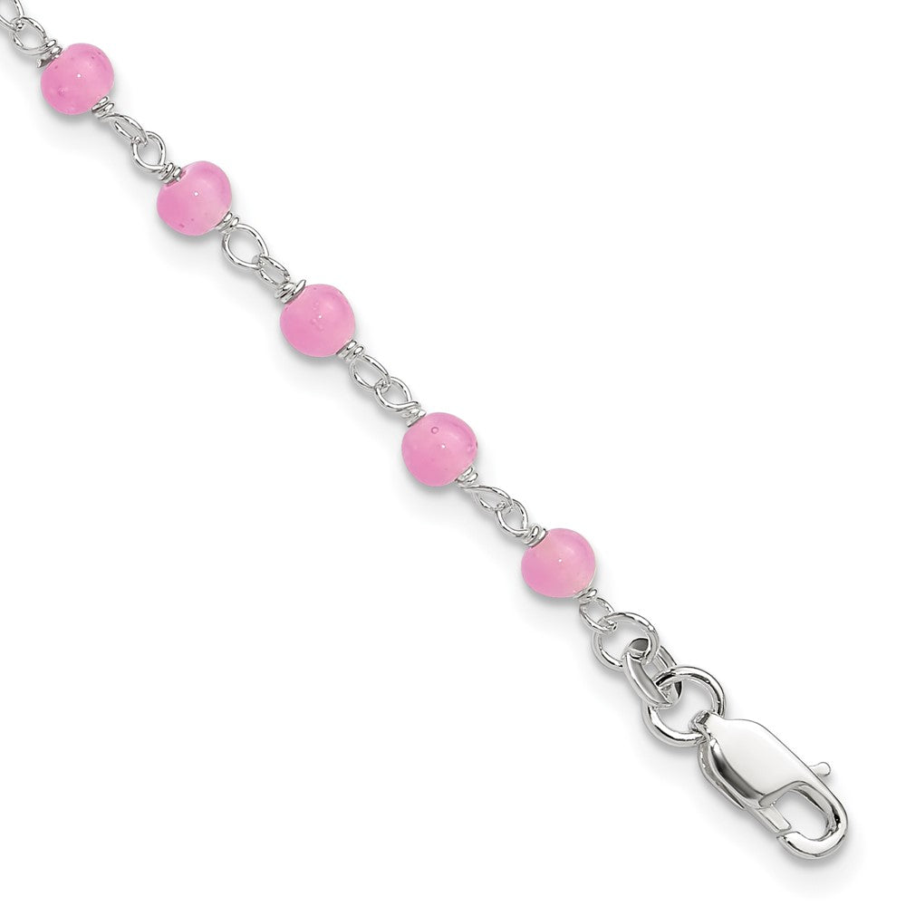Sterling Silver Pink Glass Bead with Heart Dangle 8 inch Plus 1 inch Extender - Total 9 inch Anklet, 9 x 6 mm