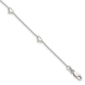 Sterling Silver Puffed Heart 5-Station 9 inch Plus 1 inch Extender - Total 10 inch Anklet, 9 x 5 mm