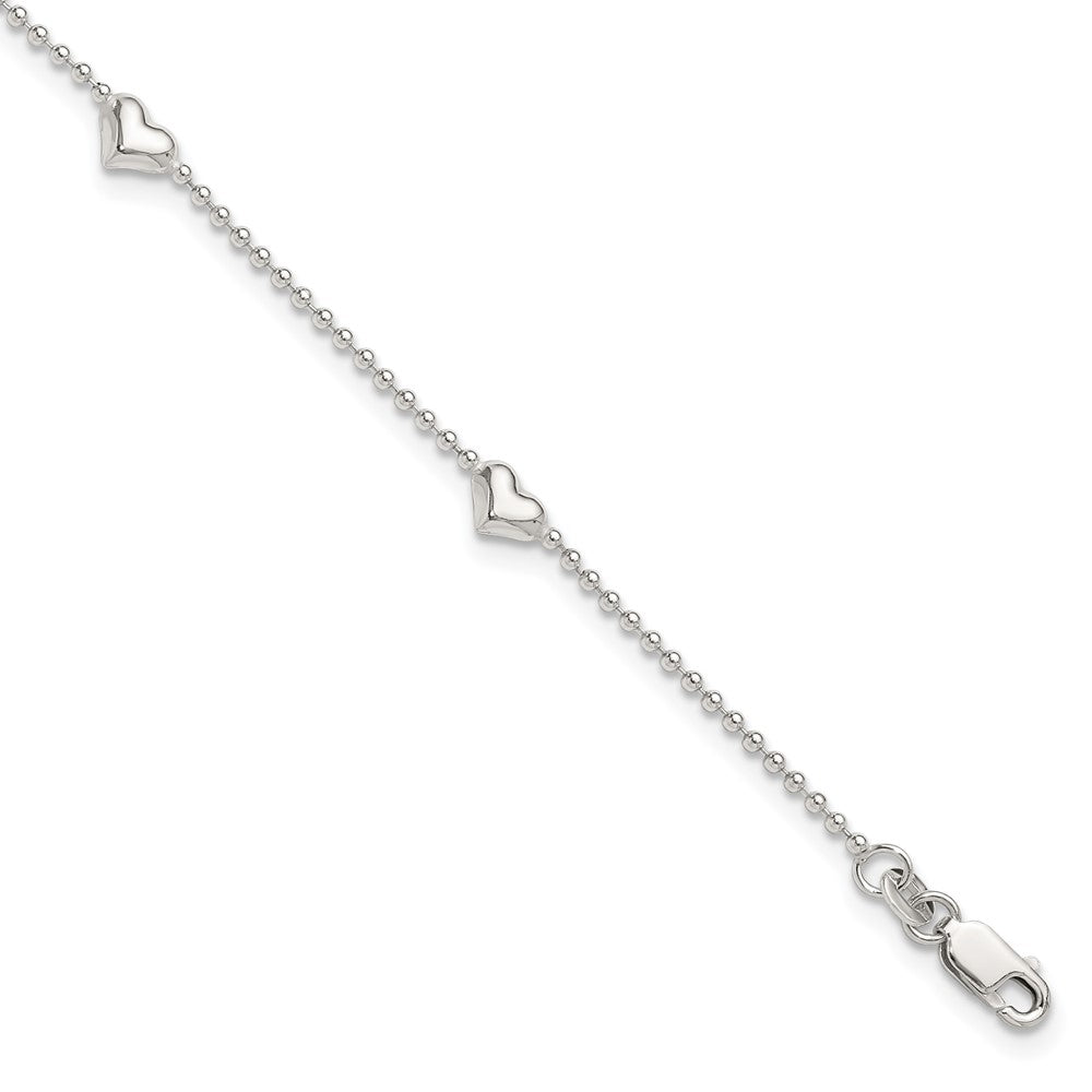 Sterling Silver Puffed Heart 5-Station 9 inch Plus 1 inch Extender - Total 10 inch Anklet, 9 x 5 mm