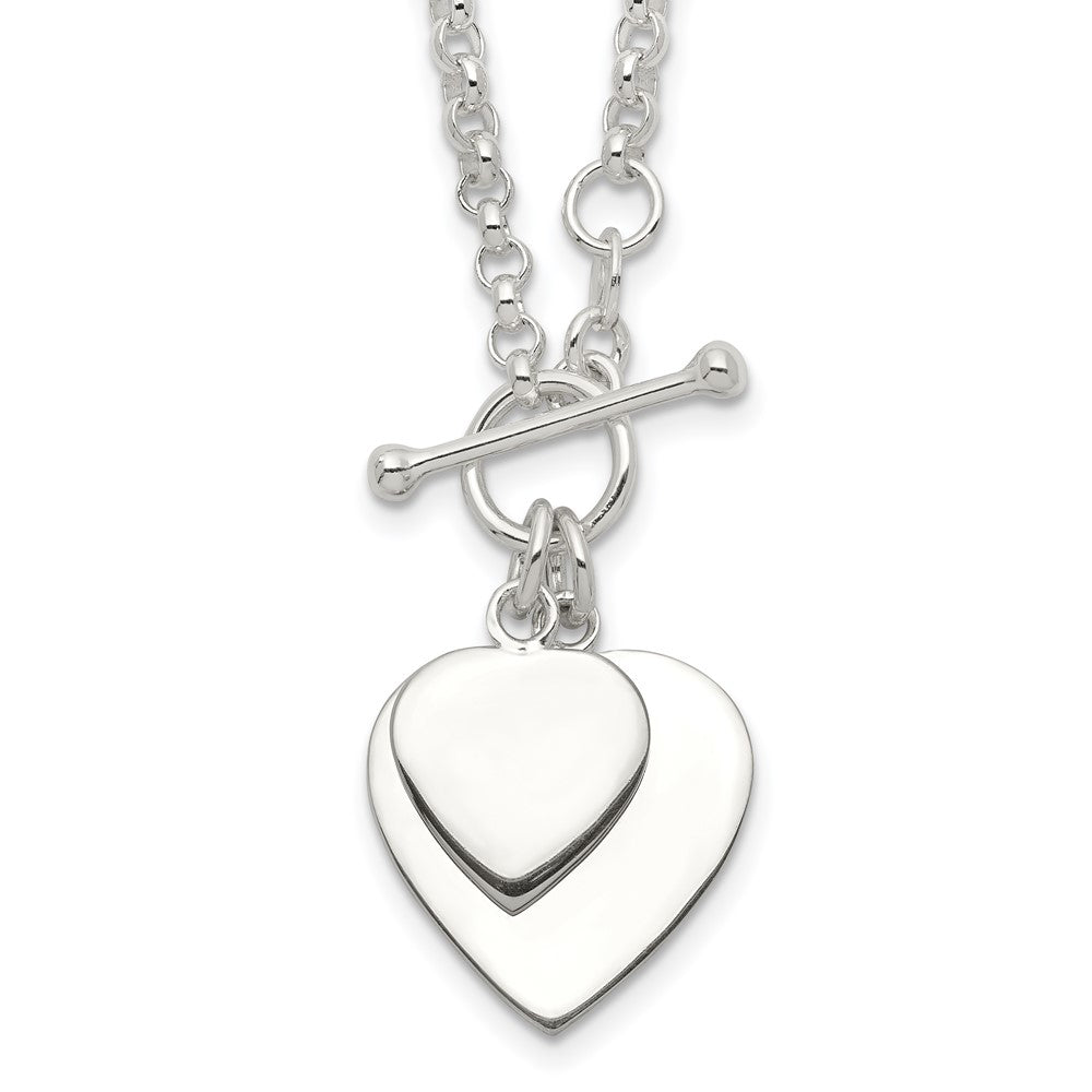 Sterling Silver Engraveable Double Heart Toggle Necklace, 18 x 29 mm