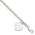 Sterling Silver 1.9mm Engraveable Heart Charm Bracelet, 8.5 x 1.9 mm