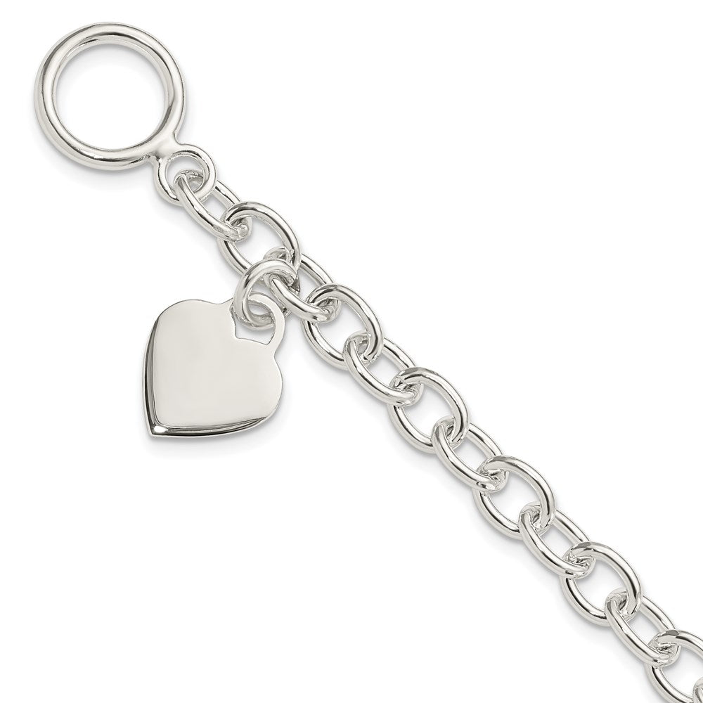Sterling Silver Dangling Engraveable Heart Charm Bracelet, 7.25 x 14 mm