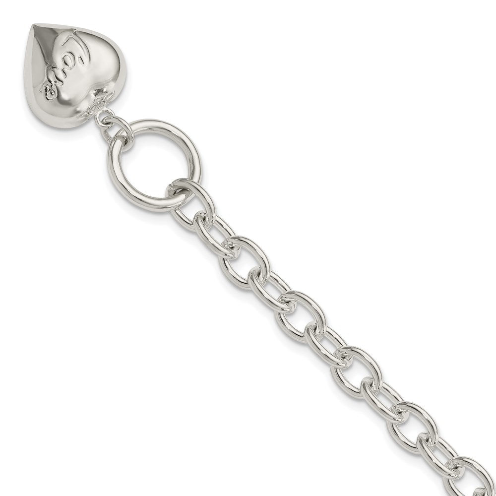 Sterling Silver LOVE Puffed Heart Charm Bracelet, 7.5 x 15 mm