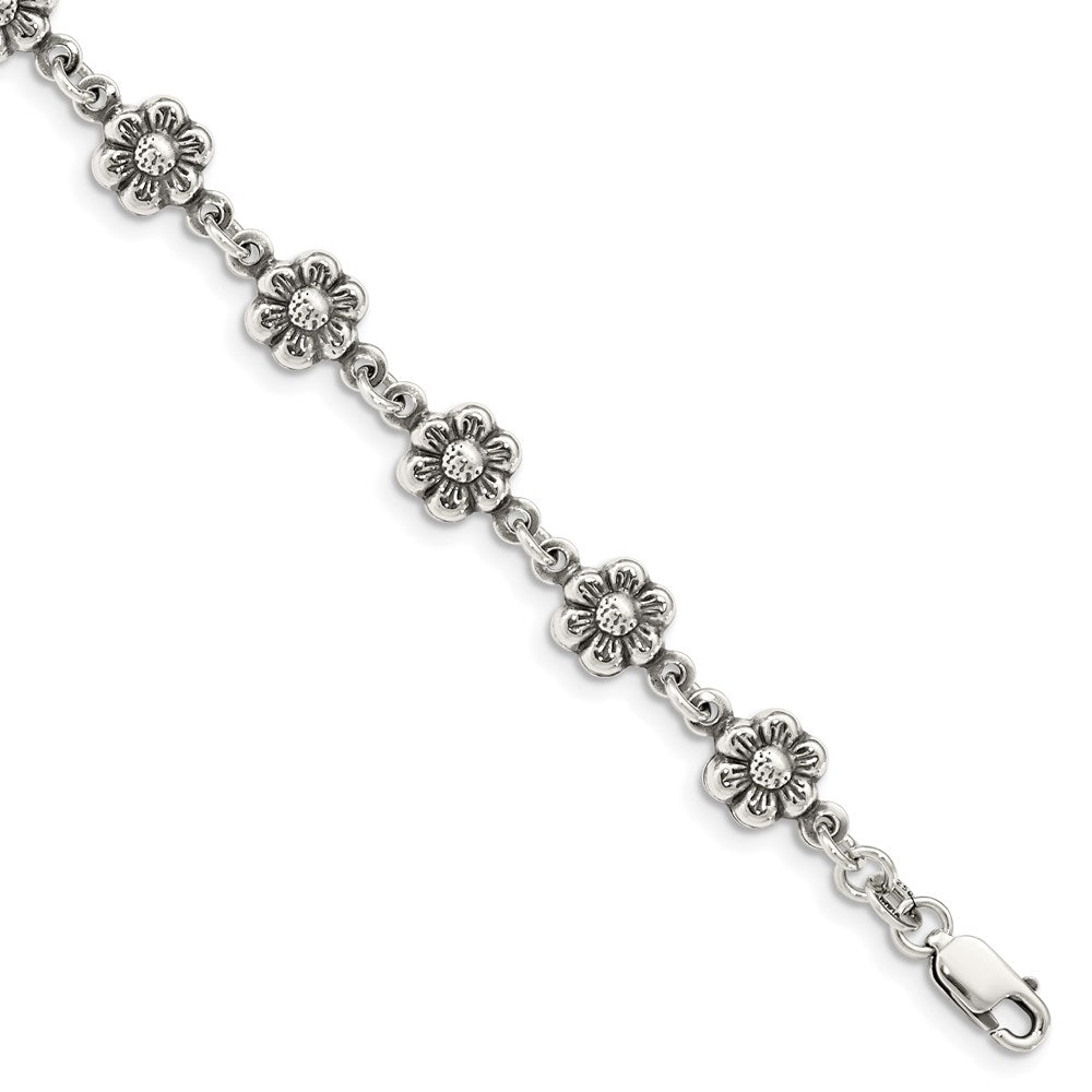 Sterling Silver Antiqued Flower Charm Bracelet, 7 x 8 mm
