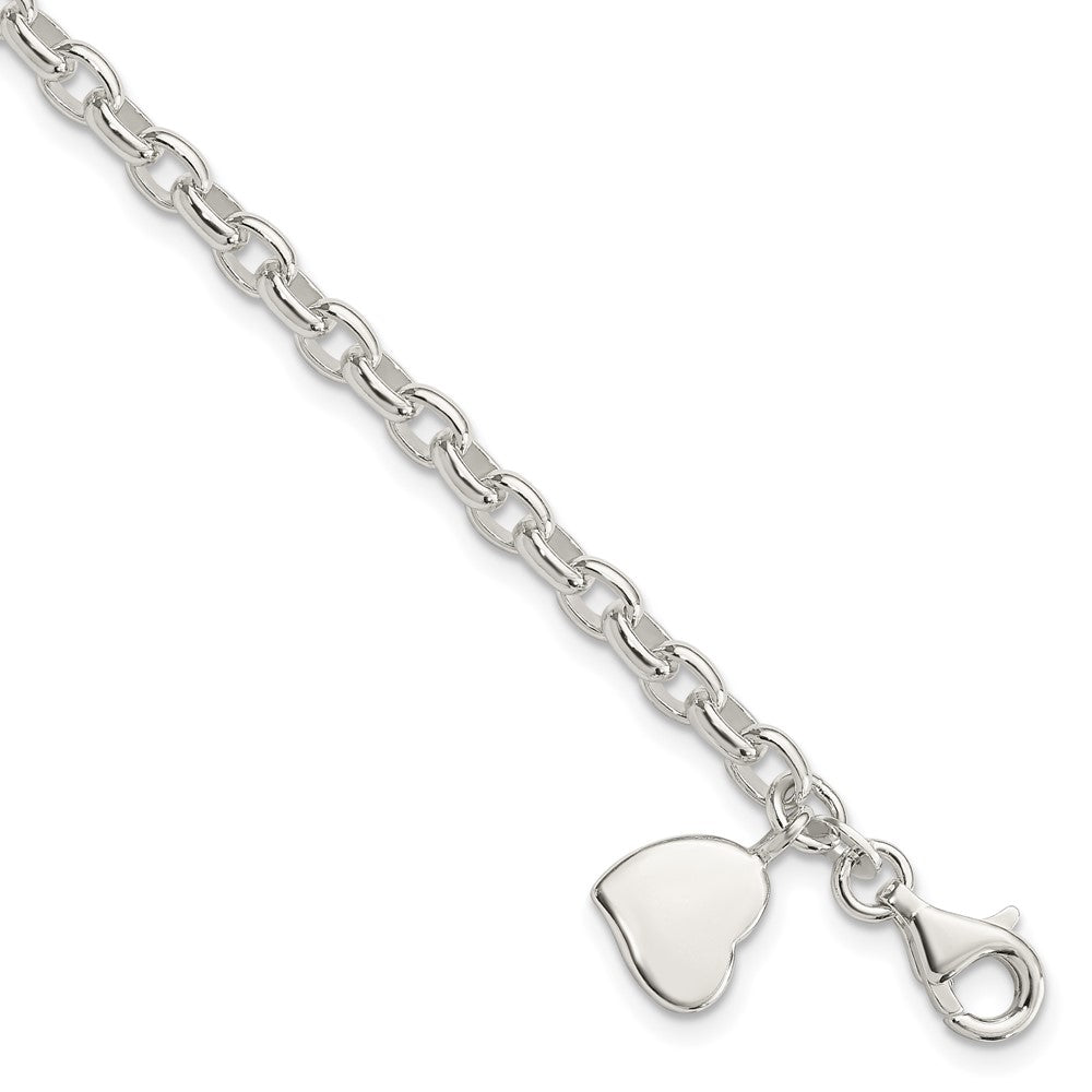 Sterling Silver Oval Rolo with Solid Engraveable Heart Bracelet, 7 x 10 mm