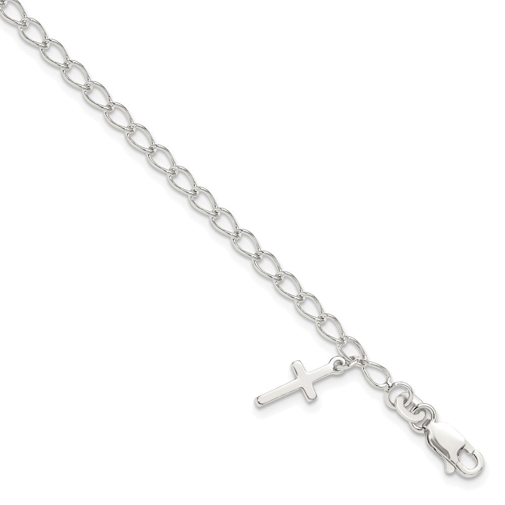 Sterling Silver Polished Latin Cross Charm with 1in Ext. Children's Bracele, 7 x 12 mm