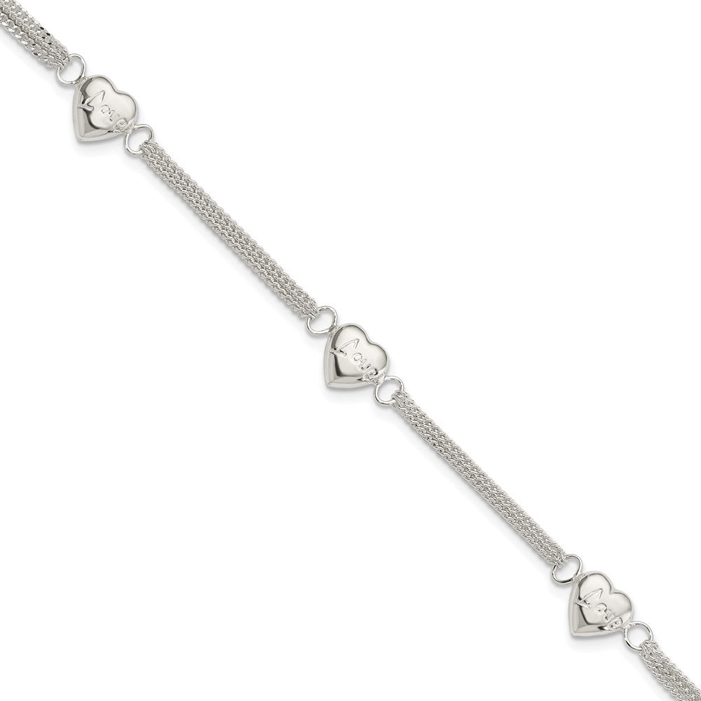 Sterling Silver Heart with Love Bracelet, 7 x 9 mm