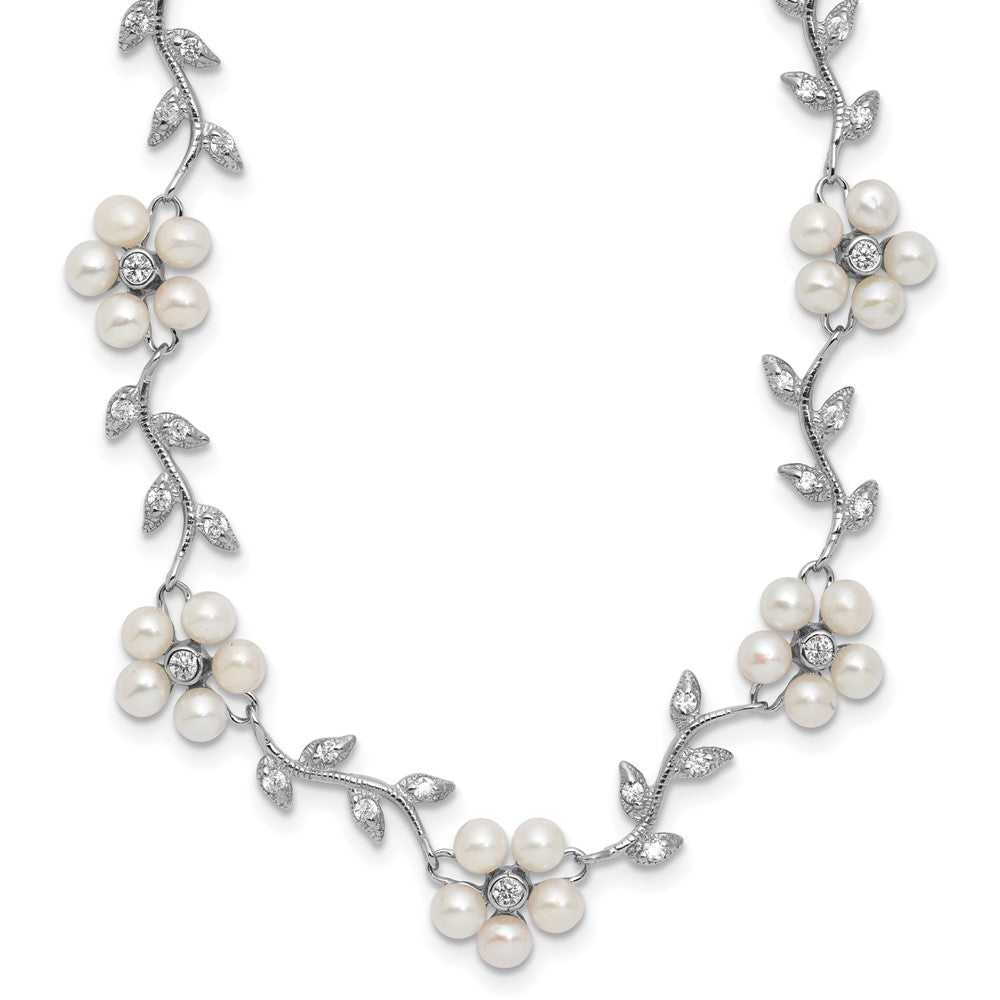 Sterling Silver Rhodium-plated CZ Vine Pattern and Fresheater Cultured Pearl Floral 16 inch Necklace, 16 x 11 mm