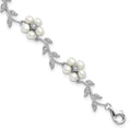 Sterling Silver Rhodium-plated CZ Vine Pattern and Fresheater Cultured Pearl Floral 7 inch Bracelet, 7 x 11 mm