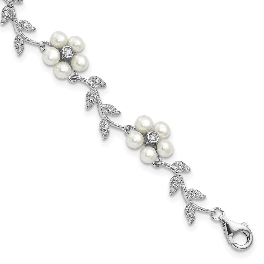 Sterling Silver Rhodium-plated CZ Vine Pattern and Fresheater Cultured Pearl Floral 7 inch Bracelet, 7 x 11 mm