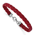 Sterling Silver Rhodium Plated Red Braided Leather 7 inch Bracelet, 7 x 8 mm