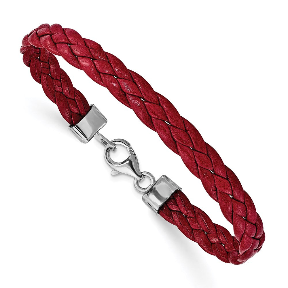 Sterling Silver Rhodium Plated Red Braided Leather 7 inch Bracelet, 7 x 8 mm