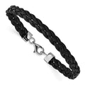 Sterling Silver Rhodium-plated Black Braided Leather Bracelet, 7 x 8 mm