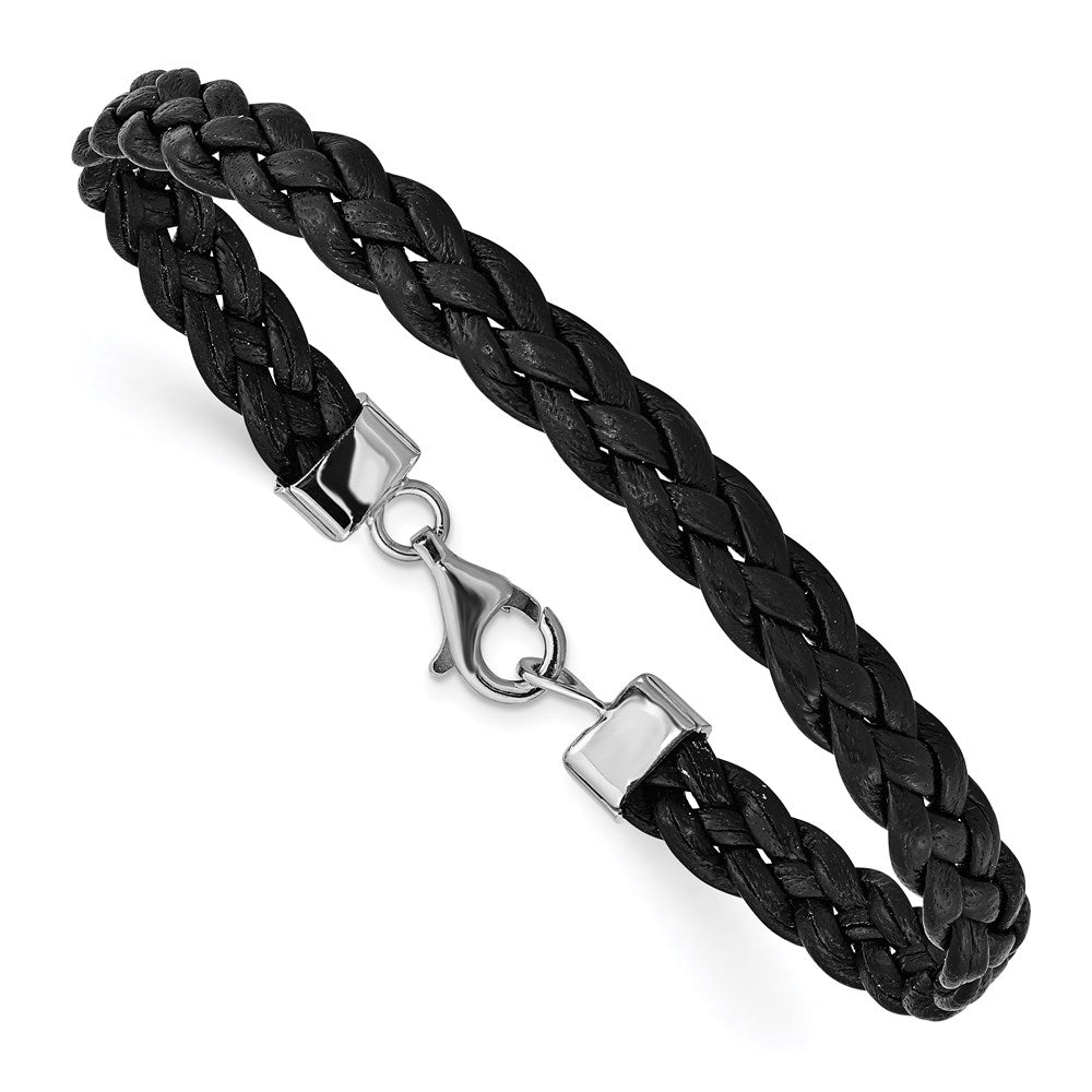 Sterling Silver Rhodium-plated Black Braided Leather Bracelet, 7 x 8 mm