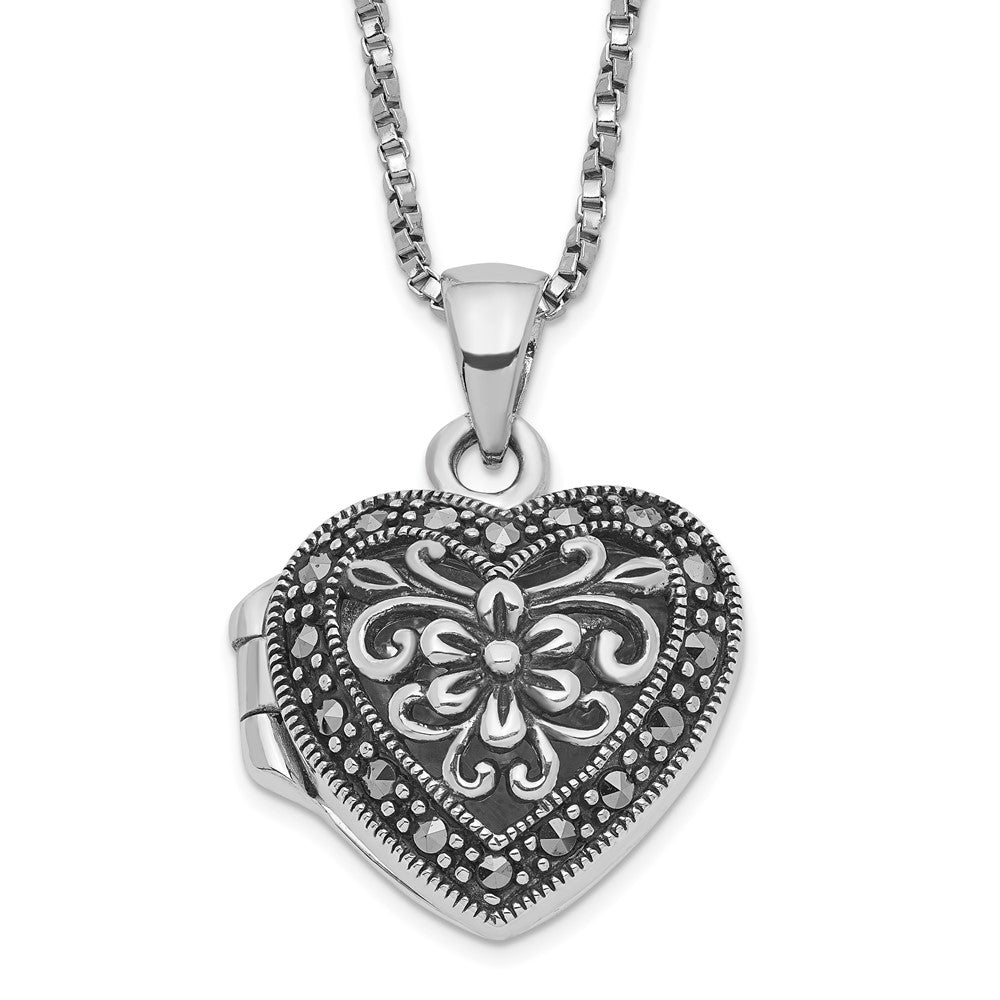 Sterling Silver Rhod-pltd Floral Marcasite Heart Locket 18in Necklace, 18 x 19.3 mm