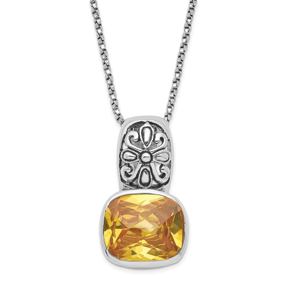 Sterling Silver Polished & Antiqued Yellow CZ Necklace, 18 mm