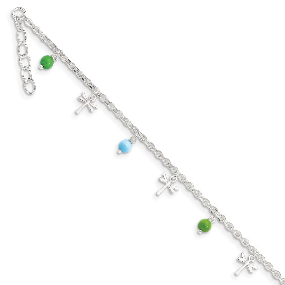 Sterling Silver Dragonfly with Aqua and Green Beads 10 inch Plus 1 inch Extender - Total 11 inch Anklet, 11 x 2 mm
