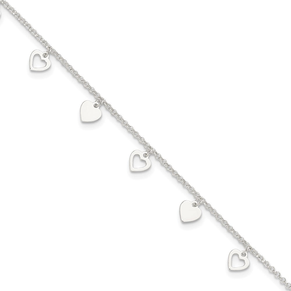 Sterling Silver Double Heart 9 inch Plus 1 inch Extender - Total 10 inch Anklet, 10 x 6 mm