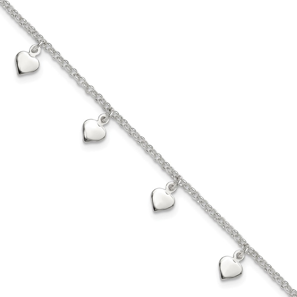 Sterling Silver Polished Hearts Anklet, 10 x 6 mm